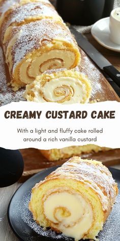 an image of creamy custard cake with a light and fluffy side rolled around