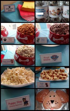 a collage of pictures showing different food items and labels for mom's tot school paw patrol / puppy party