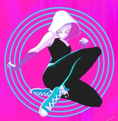 a woman sitting on top of a skateboard in front of a pink and blue background