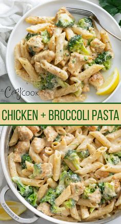 chicken broccoli pasta in a white bowl with lemon wedges and parsley