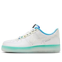 The Nike Air Force 1 07 PRM 'Unlock Your Space' is the perfect blend of style and comfort. This sneaker features a sleek silhouette with a white base and accents of ice blue and phantom. The semi-transparent outsole is inspired by the 40-year-old design of Kilgore. The shoe is finished with special logos on the heel, insole, tongue, and laces, giving it a rounded look. This sneaker is perfect for casual and active wear, and encourages creativity with its abstract patterns and bright colors. Unlock your space and make this sneaker your own. White Low-top Custom Sneakers With Fade Resistance, Nike Air Force 1 Low-top With Translucent Outsole, White High-top Nike Air Force 1 With Translucent Outsole, Nike Air Force 1 Casual With Translucent Outsole, Casual Nike Air Force 1 With Translucent Outsole, Nike White Custom Athleisure Sneakers, Nike White Custom Sneakers For Athleisure, Nike Air Force 1 White With Translucent Outsole, Nike Air Force 1 With Translucent Outsole For Sports