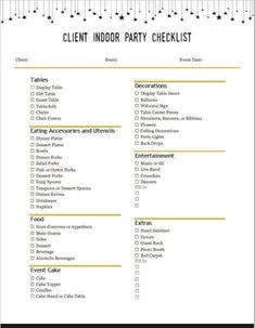 a printable event checklist is shown in black and white, with gold trimmings