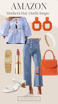 an image of a woman's outfit and accessories on display with the text amazon mothers day outfit inspo