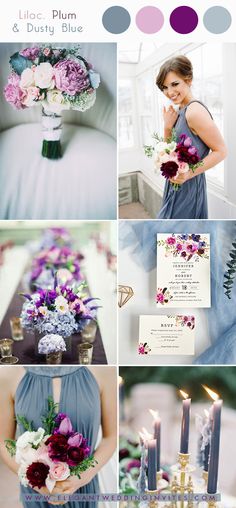 purple and blue wedding color palettes for the bride's bouquet, flowers, and candles