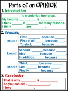 the parts of an opinion worksheet is shown in red and blue, with words on