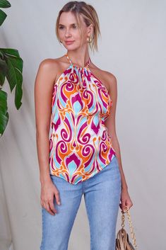 Product Details: I TOO Exclusive Regular fit Sleeveless Back self-tie Backless Scarf top Abstract print Lightweight fabric Imported Model is wearing One Size ﻿Model Info: Height: 5'8 Weight: 112 lbs Bust: 34 in Waist: 24 in Hips: 37 in Multicolor Stretch Triangle Top, Printed Halter Neck Tank Top For Summer, Summer Printed Tie Neck Tops, Multicolor Triangle Top Beachwear, Chic Beach Tops With Tie Neck, Summer Tie Neck Top With Tie Back, Chic Beach Top With Tie Neck, Chic Tie Neck Beach Tops, Summer Tie Back Top With Tie Neck