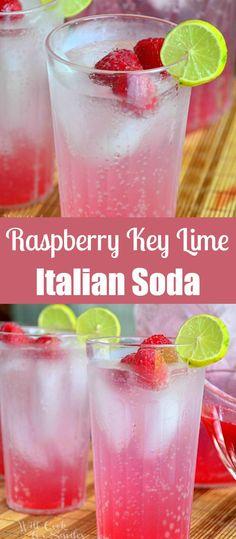 raspberry key lime italian soda in glasses with strawberries and limes on the rim