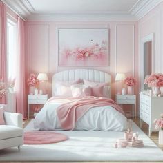 a bedroom decorated in pink and white with flowers on the bed, dressers and chairs