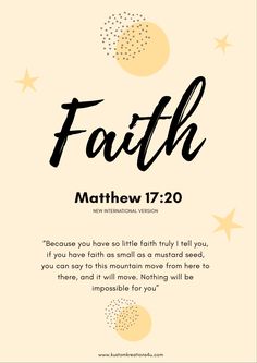 a card with the words faith written in black ink on it and stars around it