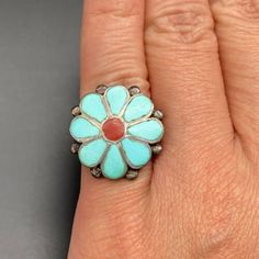 Vintage Zuni Flower Turquoise Coral Silver Ring Size 6.5 | eBay Vintage Flower-shaped Multi-stone Jewelry, Turquoise Multi-stone Round Opal Ring, Vintage Flower Shaped Gemstone Ring, Vintage Flower Ring With Gemstone, Vintage Flower-shaped Gemstone Jewelry, Vintage Flower Gemstone Jewelry, Vintage Turquoise Multi-stone Jewelry, Vintage Multi-stone Turquoise Jewelry, Turquoise Inlay Round Rings