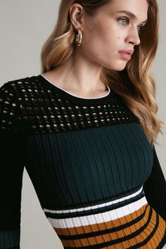 Pointelle Stripe Knitted Top Latest Tops, Knitted Top, Karen Millen, Top Collection, Striped Knit, Knit Top, Click Here, Turtle Neck, Blue