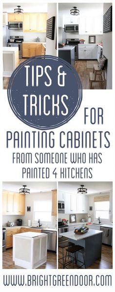 an advertisement for painting cabinets with pictures of the kitchen and dining room in it,