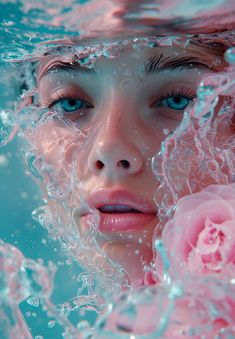 a woman with blue eyes and pink flowers in the water, under her head is bubbles