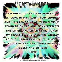 Heart Chakra - Our ability to love.  Location: Center of chest just above heart.  Emotional issues: Love, joy, inner peace. Healing Touch, Energy Medicine, Alternative Healing