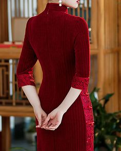 Traditional Red Cheongsam Dress Evening Dress - Weqipao Red Fitted Ao Dai With Stand Collar, Elegant Red Cheongsam, Red Fitted Cheongsam For Banquet, Fitted Red Cheongsam For Banquet, Elegant Red Ao Dai With Stand Collar, Elegant Red Cheongsam With Stand Collar, Formal Red High Neck Dress, Red Long Sleeve Cheongsam For Party, Modern Qipao Wedding