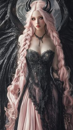 a woman with long pink hair and horns standing in front of a black angel wings