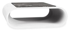 a white table with a black marble top on it's side and the bottom section is curved