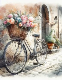 a watercolor painting of a bicycle with flowers in the basket parked on a cobblestone street