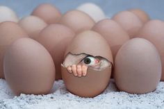 an egg with one eye poking out of it's center surrounded by smaller eggs