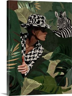 a painting of a woman wearing a hat with zebras in the background and palm leaves