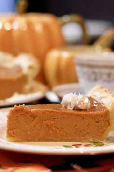 a slice of pumpkin pie on a plate