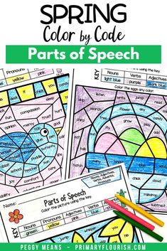 the spring color by code worksheet for parts of speech with pencils and crayons