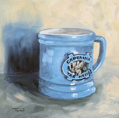 a painting of a blue beer mug with the caption carolina market on it's side