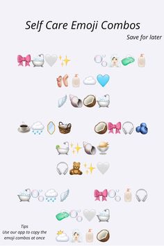 an image of the words self care emoj combos are in different colors and shapes