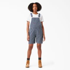 Women's Bib Shortalls, 7'' - Dickies US, Rinsed Hickory Stripe Dickies Women, Hem Style, Rolled Hem, Bottom Clothes, Work Shirts, Stay Cool, Roll Up, Short Tops, Shirt Sleeves