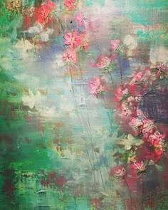 an abstract painting with pink flowers and green background