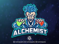 the logo for alchemist with an evil man holding two flasks in his hands