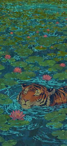 a painting of a tiger swimming in the water with lily pads around it's neck