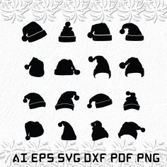 the silhouettes of winter hats are shown in black and white