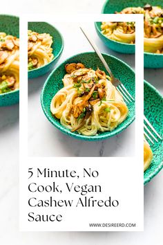 three plates with pasta and mushrooms on them