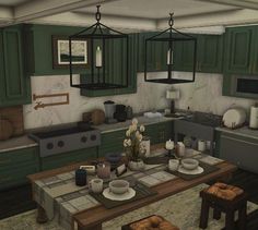 a large kitchen with green cabinets and an island