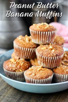 a plate full of banana muffins on top of a wooden table with text overlay