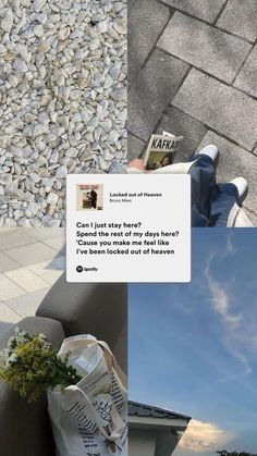 a person sitting on top of a bench next to a pile of rocks and a bag