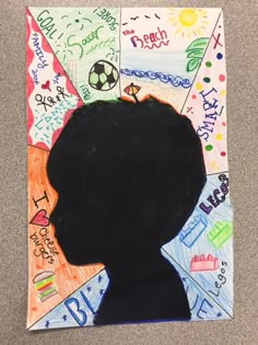 a child's head is shown in the middle of a collage with words and pictures on it