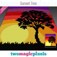 an image of a sunset tree on the cover of two magic pixels pattern book,