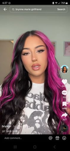 Vivid Color Money Piece Hair, Purple With Money Piece, Magenta And Purple Hair Color Combos, Pink And Blue Money Piece, Bright Hair Colors For Brunettes, Color Block Purple Hair, Black And Pink Money Piece, Black Hair With Vivid Color, Color Block Hair Placement