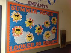 a bulletin board with sheep wearing sunglasses on it's face and the words summer never looked so bright