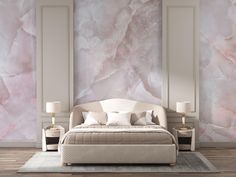 a bedroom with pink marble wallpaper and white bed in front of two nightstands