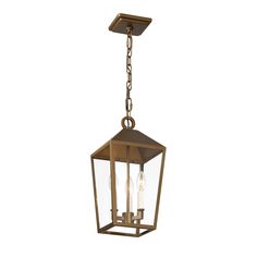 an outdoor hanging light fixture with two lights on the front and one light on the back