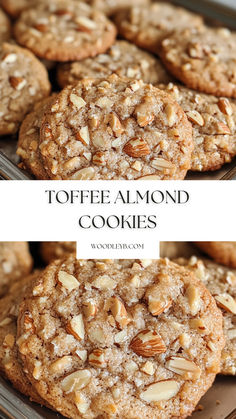 toffe almond cookies stacked on top of each other with text overlay that reads toffe almond cookies