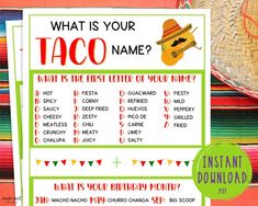 what is your taco name? printable mexican themed party game - instant download