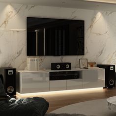 a modern living room with white furniture and marble wallpaper on the walls, including an entertainment center