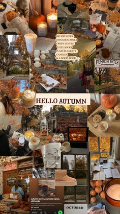 a collage of photos with pumpkins, candles and other things in the background