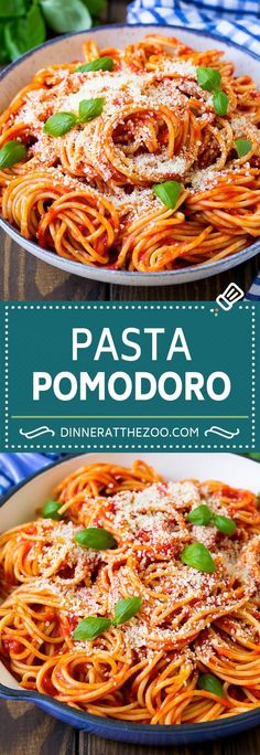 two pans filled with pasta and topped with parmesan cheese, basil leaves