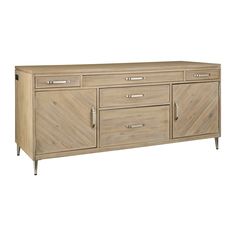 a wooden sideboard with metal handles and drawers