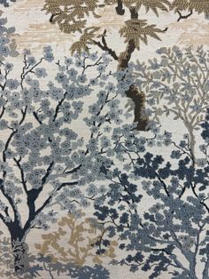 an upholstered wallpaper with trees and birds